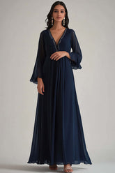 Dressystars V-Neck Chiffon Navy Wedding Guest Dress Deep Long Formal Dress With Sleeves