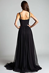 Dressystars V-Neck Long Black Wedding Guest Dress A Line Formal Dress With Slit