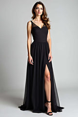 Dressystars V-Neck Long Black Wedding Guest Dress A Line Formal Dress With Slit