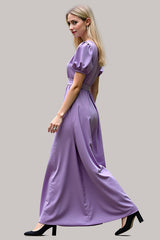 Dressystars V-Neck Long Purple Wedding Guest Dress Satin Formal Dress With Short Sleeves