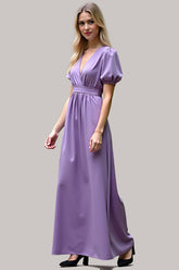Dressystars V-Neck Long Purple Wedding Guest Dress Satin Formal Dress With Short Sleeves