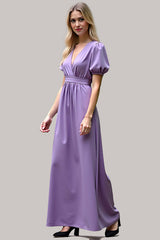 Dressystars V-Neck Long Purple Wedding Guest Dress Satin Formal Dress With Short Sleeves