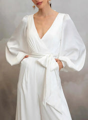Dressystars V Neck Long Sleeves Ankle Length Stretch Satin Wedding Jumpsuit