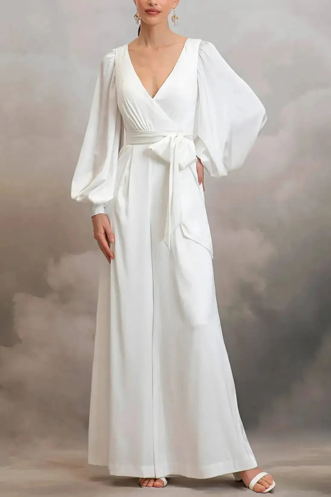 Dressystars V Neck Long Sleeves Ankle Length Stretch Satin Wedding Jumpsuit