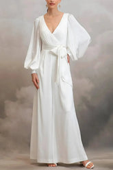 Dressystars V Neck Long Sleeves Ankle Length Stretch Satin Wedding Jumpsuit