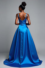 Dressystars V-Neck Royal Blue Wedding Guest Dress Long Satin Formal Dress With Slit