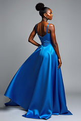 Dressystars V-Neck Royal Blue Wedding Guest Dress Long Satin Formal Dress With Slit