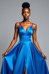 Dressystars V-Neck Royal Blue Wedding Guest Dress Long Satin Formal Dress With Slit