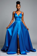 Dressystars V-Neck Royal Blue Wedding Guest Dress Long Satin Formal Dress With Slit
