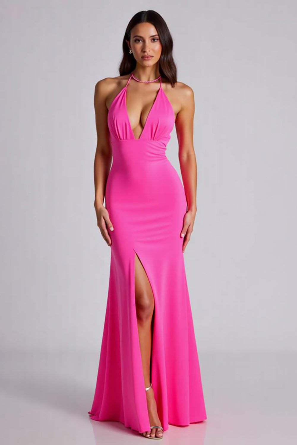 Dressystars V-Neck Satin Fuchsia Wedding Guest Dress Mermaid Long Formal Dress With Slit