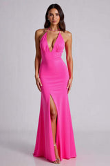 Dressystars V-Neck Satin Fuchsia Wedding Guest Dress Mermaid Long Formal Dress With Slit