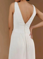 Dressystars V Neck Sleeveless Floor Length Chiffon Wedding Jumpsuit with Pleats
