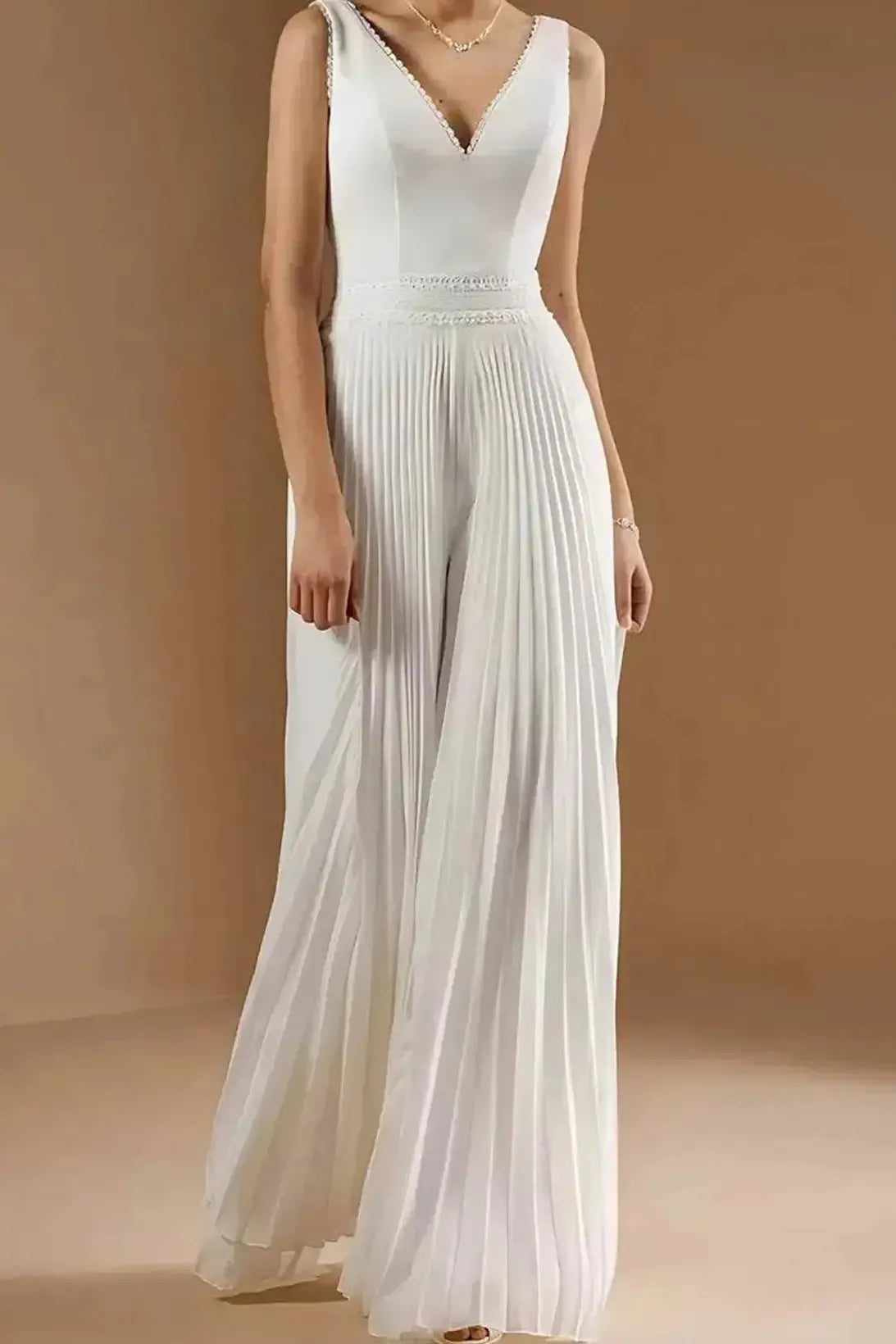 Dressystars V Neck Sleeveless Floor Length Chiffon Wedding Jumpsuit with Pleats