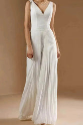 Dressystars V Neck Sleeveless Floor Length Chiffon Wedding Jumpsuit with Pleats