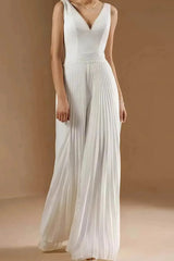 Dressystars V Neck Sleeveless Floor Length Chiffon Wedding Jumpsuit with Pleats