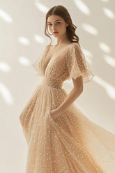 Dressystars V Neck Tulle Apricot Wedding Guest Dress A Line Long Formal Dress