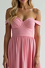 Dressystars Watermelon A Line Satin Off The Shoulder Long Bridesmaid Dress