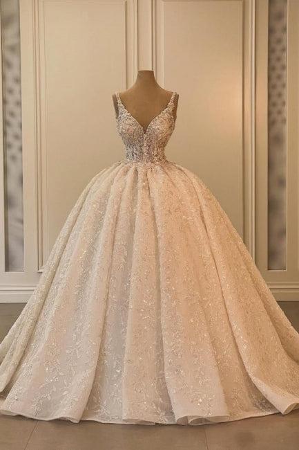 Dressystars Wedding Dress A Line V Neck Sleeveless Princess Glitter Bridal Gown With Lace
