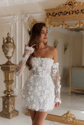 Dressystars White 3D Floral Off-Shoulder Mini Wedding Dress with Sheer Sleeves