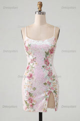 Dressystars White Floral Spaghetti Straps Tight Short Homecoming Dress with Slit
