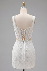 Dressystars White Floral Square Neck Cut-Out Corset Tight Short Homecoming Dress