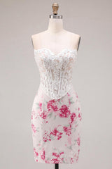 Dressystars White & Fuchsia Floral Sweetheart Lace Corset Tight Short Homecoming Dress