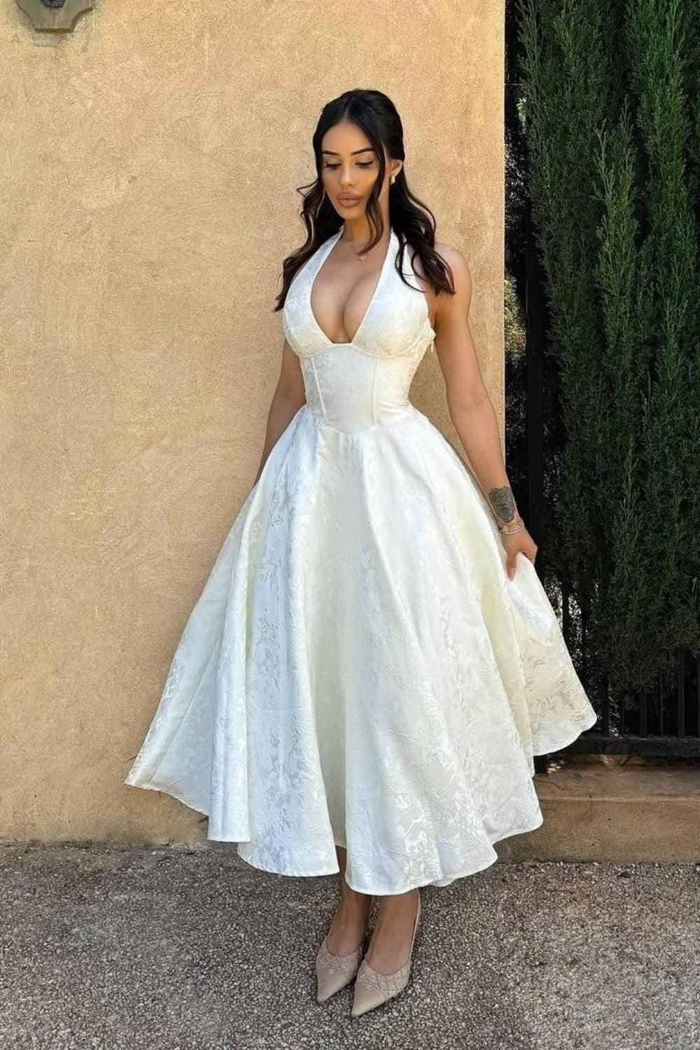 Dressystars White Halter A-Line Jacquard Midi Prom Dress With Structured Corset Bodice Formal Evening Gown