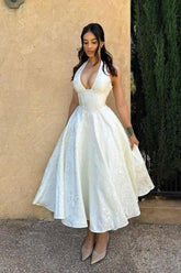 Dressystars White Halter A-Line Jacquard Midi Prom Dress With Structured Corset Bodice Formal Evening Gown