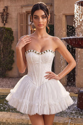 Dressystars White Lace A-Line Corset Short Homecoming Dress with 3D Flowers