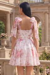 Dressystars White & Pink Floral A-Line Short Homecoming Dress with Bows