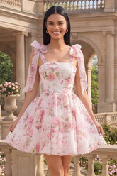 Dressystars White & Pink Floral A-Line Short Homecoming Dress with Bows