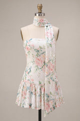 Dressystars White Pink Flower A-Line Sequin Short Homecoming Dress with Neck Scarf