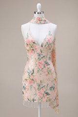 Dressystars White Pink Flower Tight Fringed Sequin Short Homecoming Dress