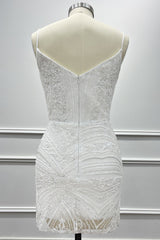 Dressystars White Sequin Homecoming Dress Spaghetti Straps Bodycon Short Cocktail Dress