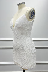 Dressystars White Sequin Homecoming Dress Spaghetti Straps Bodycon Short Cocktail Dress