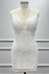 Dressystars White Sequin Homecoming Dress Spaghetti Straps Bodycon Short Cocktail Dress
