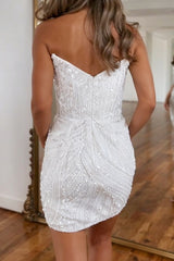 Dressystars White Sequin Homecoming Dress Strapless Bodycon Short Cocktail Dress