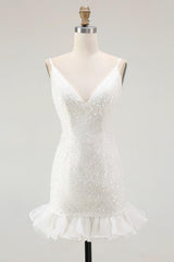 Dressystars White Sequin V-Neck Bodycon Short Graduation Dress