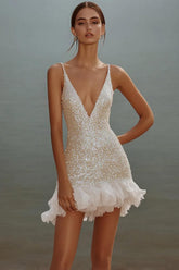Dressystars White Sequin V-Neck Bodycon Short Graduation Dress