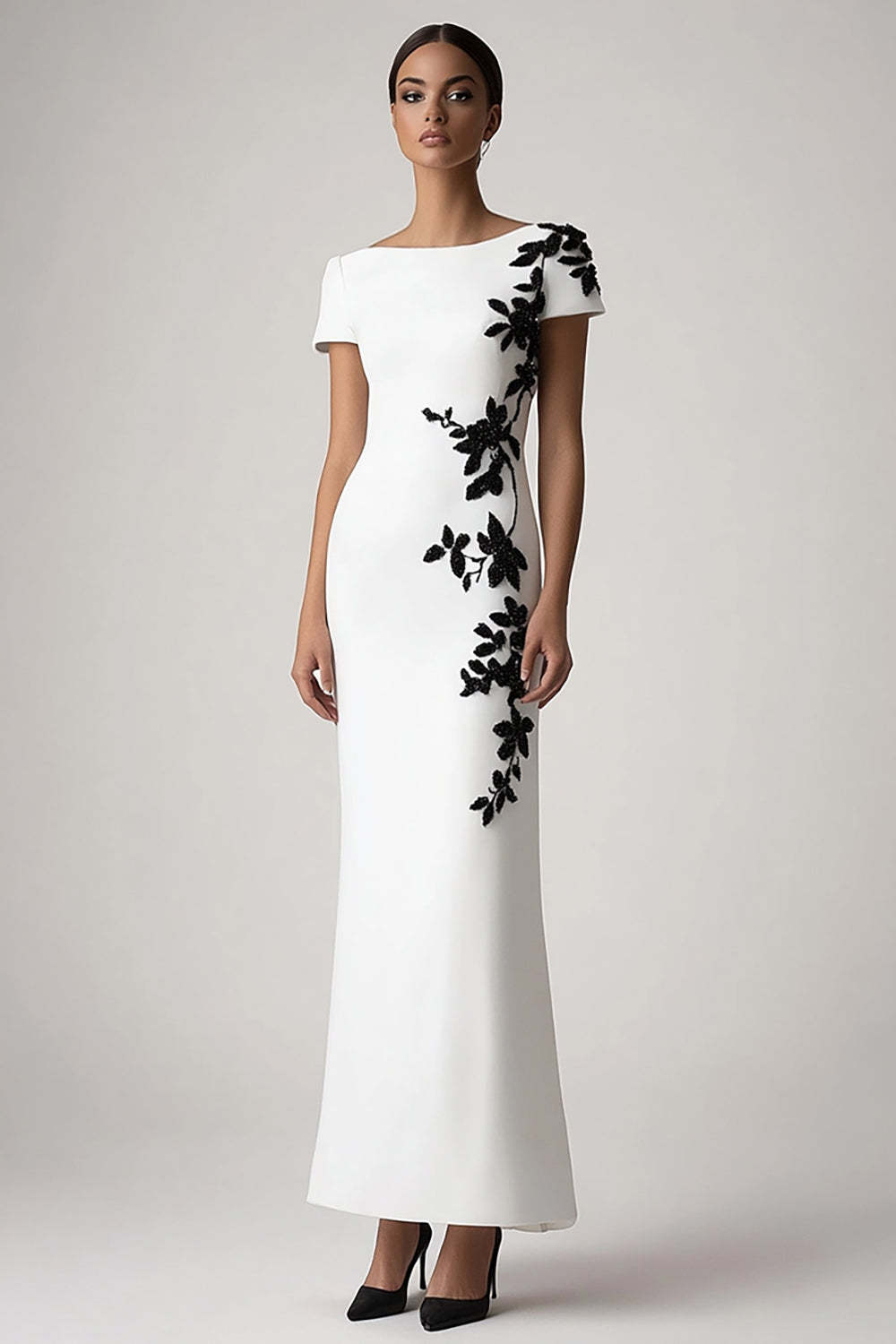 Dressystars White Sheath Appliqued Long Formal Dress With Short Sleeves