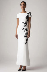 Dressystars White Sheath Appliqued Long Formal Dress With Short Sleeves