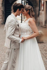 Dressystars White Wedding Dress A Line Lace Chiffon Sleeveless Backless Bridal Gown