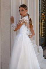 Dressystars White Wedding Dress A Line Lace High Neck Illusion Sleeves Sweep Train Tulle Bridal Gown With Appliques