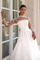 Dressystars White Wedding Dress A Line Lace High Neck Illusion Sleeves Sweep Train Tulle Bridal Gown With Appliques