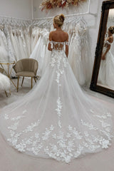 Dressystars White Wedding Dress A Line Lace Off The Shoulder Sleeveless Cathedral Train Tulle Bridal Gown With Appliques
