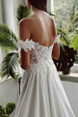 Dressystars White Wedding Dress A Line Off The Shoulder Bridal Gown With Slit