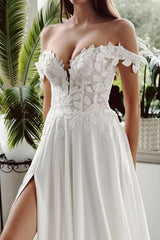 Dressystars White Wedding Dress A Line Off The Shoulder Bridal Gown With Slit