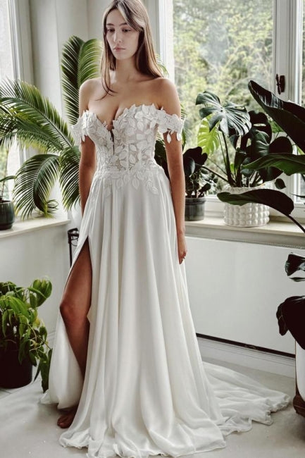 Dressystars White Wedding Dress A Line Off The Shoulder Bridal Gown With Slit