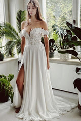Dressystars White Wedding Dress A Line Off The Shoulder Bridal Gown With Slit
