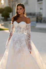 Dressystars White Wedding Dress A Line Off The Shoulder Lace Bridal Gown With Sleeves